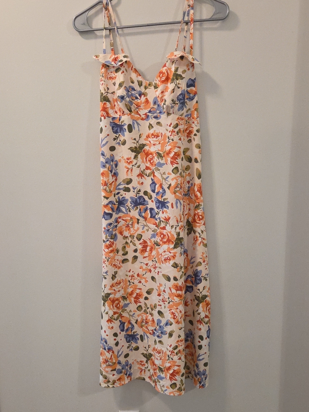 Shein Floral Spaghetti-Strap Midi Dress - Cream with Orange & Blue Floral